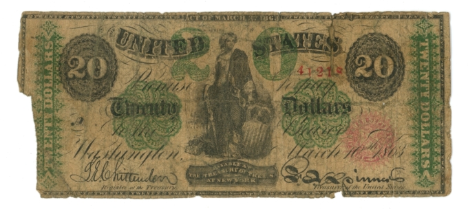 1863 US $20 Legal Tender Note FR-126a Contemporaneous Counterfeit CTFT (65586)