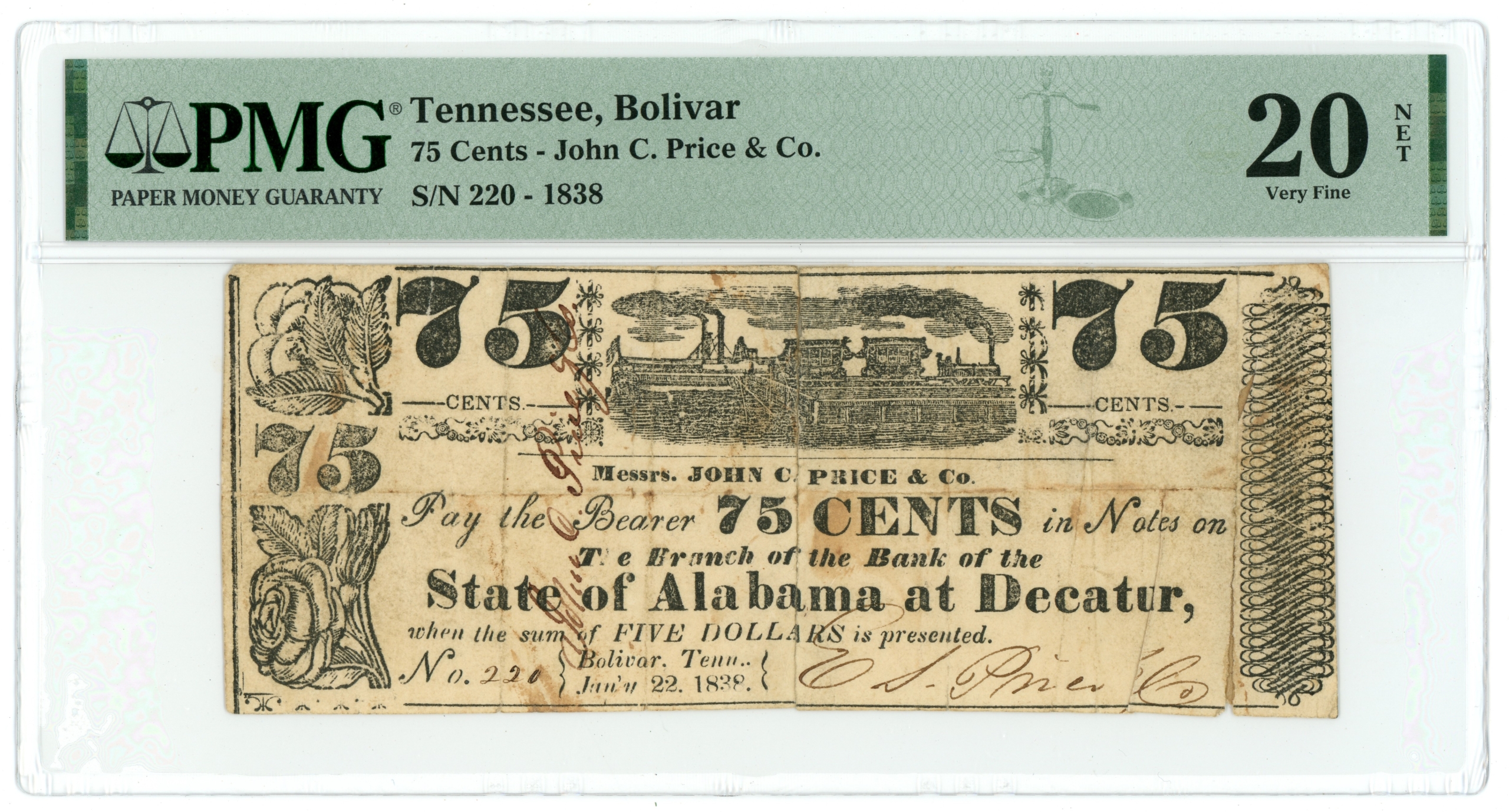 1838 John C Price & Co Bolivar Tennessee TN 75c Obsolete Scrip PMG 20 NET G-UNL