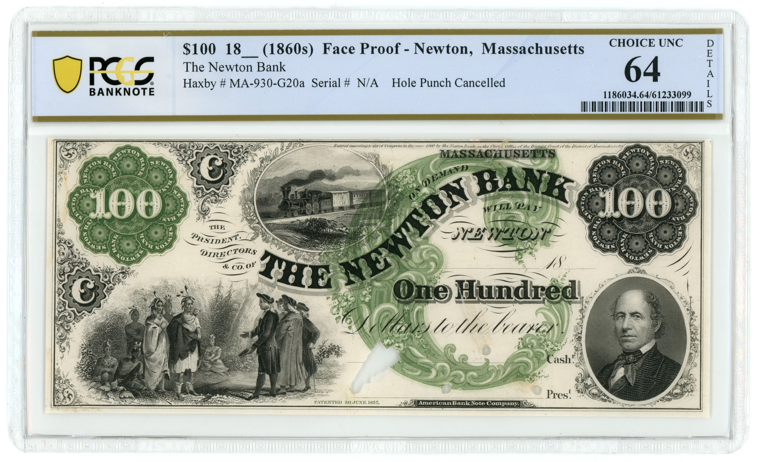 1860's Newton Bank Newton Massachusetts MA $100 Proof MA930-G20a PCGS 64 Details