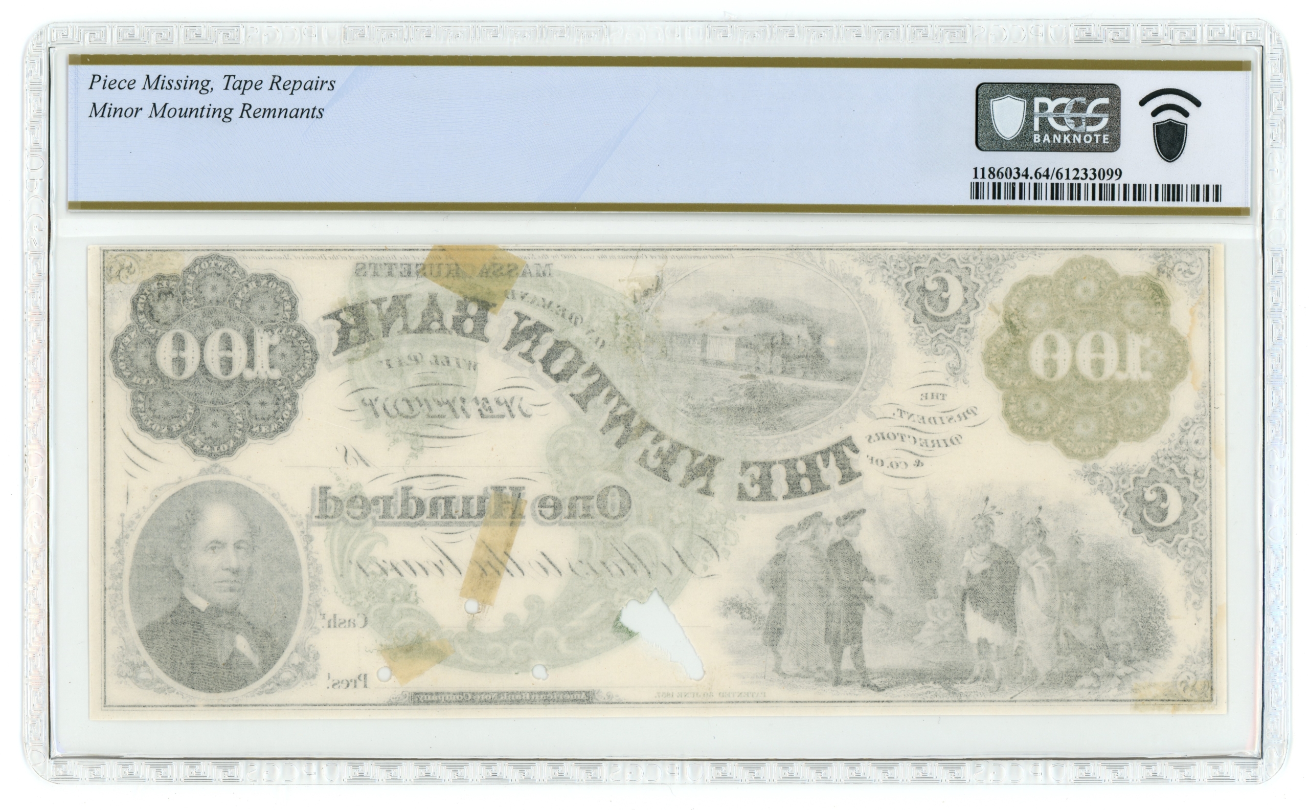 1860's Newton Bank Newton Massachusetts MA $100 Proof MA930-G20a PCGS 64 Details