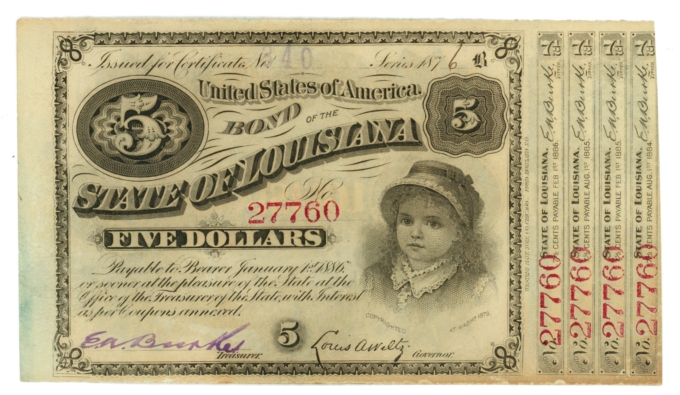 1876 State of Louisiana $5 Baby Bond No.27760 (65476)
