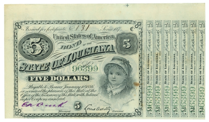 1870s State of Louisiana $5 Baby Bond No.96399 Green Serial Numbers (65477OZ)