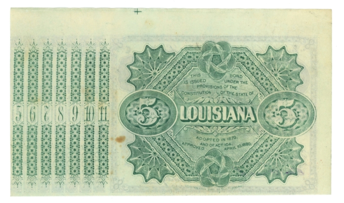 1870s State of Louisiana $5 Baby Bond No.96399 Green Serial Numbers (65477OZ)