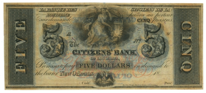 18XX Citizens Bank of Louisiana New Orleans LA $5 Obsolete - Remainder (65479)
