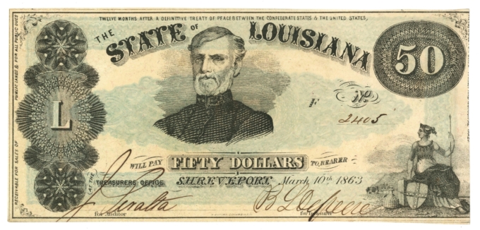 1863 State of Louisiana Shreveport LA $50 Obsolete CR-12 - Civil War Era (65482)