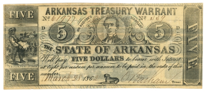 1862 State of Arkansas $5 Treasury Warrant CR-52 - Civil War Era (65483)