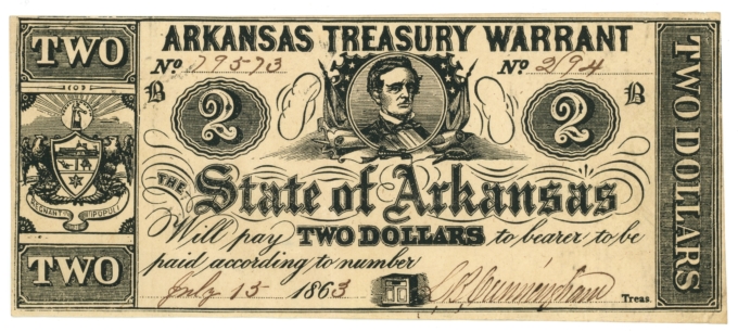 1863 State of Arkansas $2 Treasury Warrant CR-36A – Civil War Era (65486)
