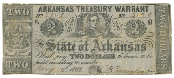 1863 State of Arkansas $2 Treasury Warrant CR-38 – Civil War Era (65485)