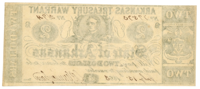 1863 State of Arkansas $2 Treasury Warrant CR-36A – Civil War Era (65486)