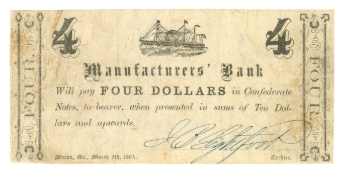 1864 Manufacturers Bank Macon Georgia GA $4 Obsolete - Civil War Era (65372)