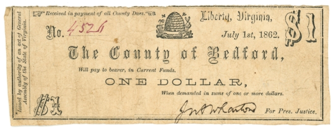 1862 County of Bedford Liberty VA $1 Obsolete Scrip - Civil War Era (65374)