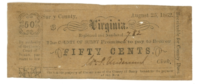 1862 County of Surry Virginia VA 50c Obsolete Scrip - Civil War Era (65373)