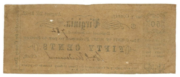 1862 County of Surry Virginia VA 50c Obsolete Scrip - Civil War Era (65373)