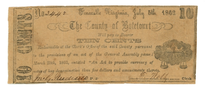 1862 County of Botetourt Fincastle VA 10c Obsolete Scrip - Civil War Era (65376)