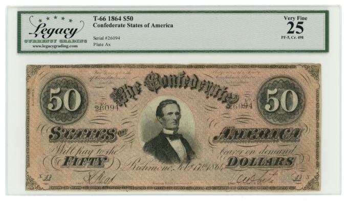 T-66 1864 Confederate States of America CSA $50 PF-5 CR-498 LCG VF25 (65380)