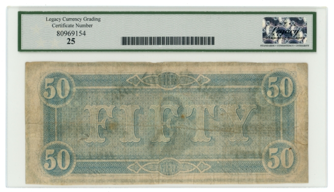 T-66 1864 Confederate States of America CSA $50 PF-5 CR-498 LCG VF25 (65380)
