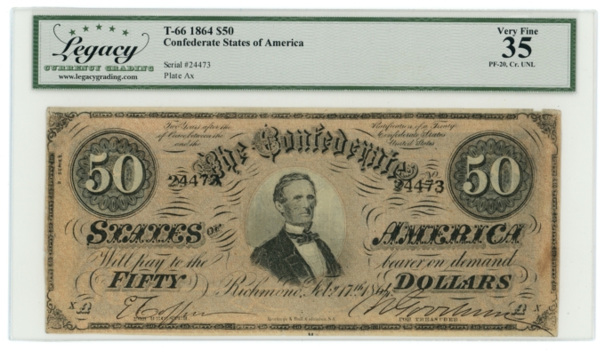 T-66 1864 CSA $50 PF-20 CR-UNL For Begisteb For Treasrubeb ERROR LCG 35 (65381)