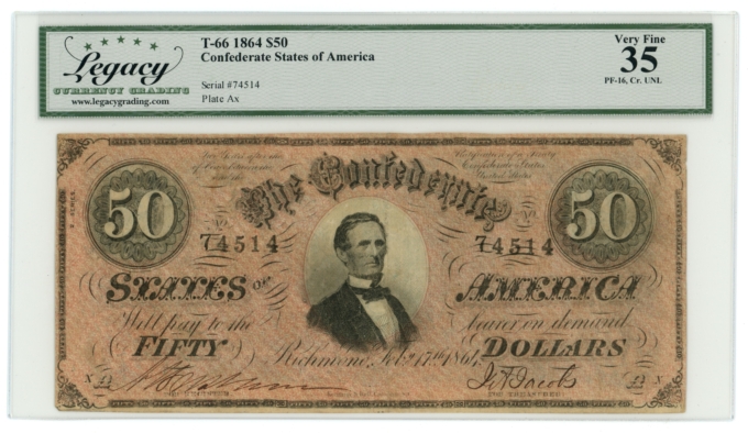 T-66 1864 CSA $50 Note PF-16 CR-UNL For Begisteb For Treasubeb LCG VF35 (65382)