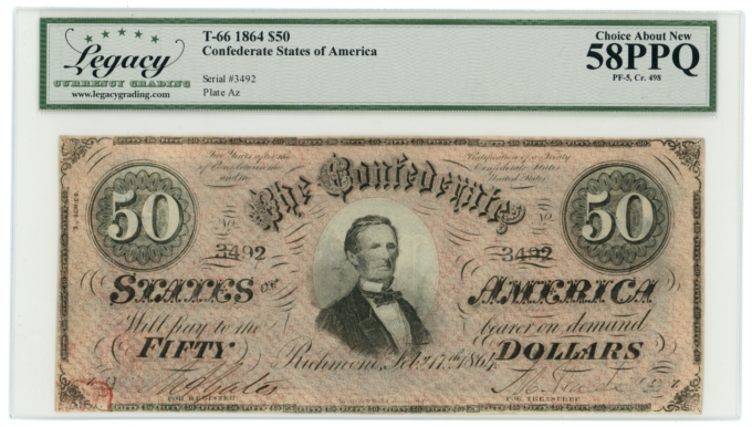 T-66 1864 Confederate States of America $50 PF-5 CR-498 LCG AU58 PPQ (65383)