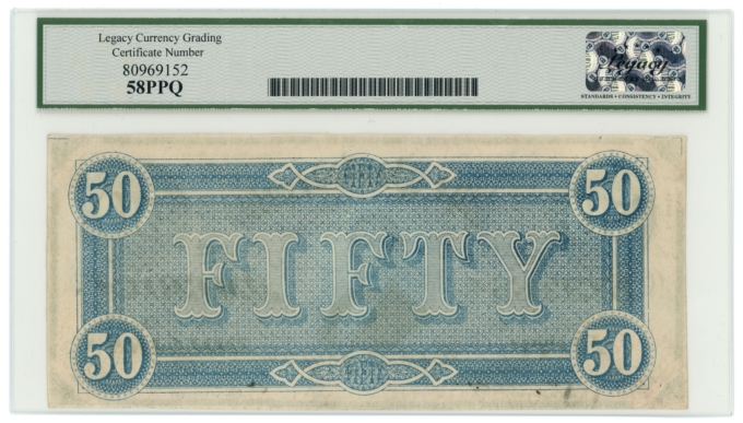 T-66 1864 Confederate States of America $50 PF-5 CR-498 LCG AU58 PPQ (65383)