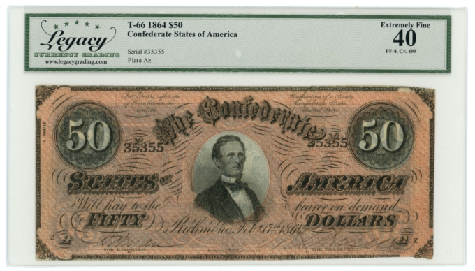 T-66 1864 CSA $50 PF-8 CR-499 NICE COLOR LCG XF40 (65384)