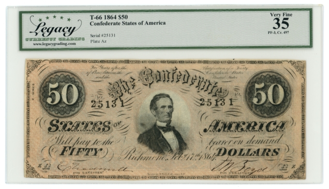 T-66 1864 Confederate States of America CSA $50 PF-3 CR-497 LCG VF35 (65385)