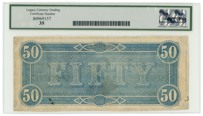 T-66 1864 Confederate States of America CSA $50 PF-3 CR-497 LCG VF35 (65385)