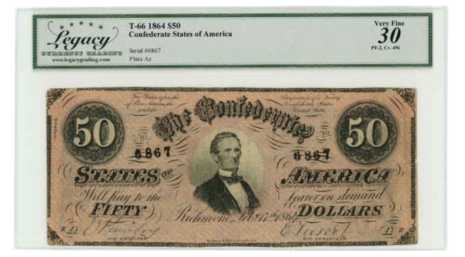 T-66 1864 Confederate States of America CSA $50 PF-2 CR-496 LCG VF30 (65386)