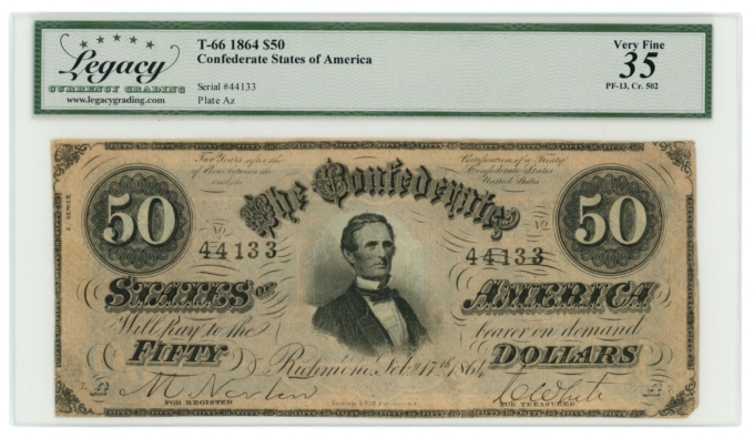 T-66 1864 Confederate States of America CSA $50 PF-13 CR-502 LCG VF35 (65387)