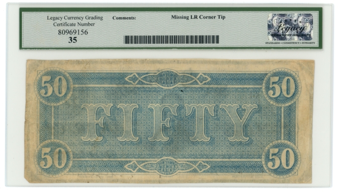 T-66 1864 Confederate States of America CSA $50 PF-13 CR-502 LCG VF35 (65387)