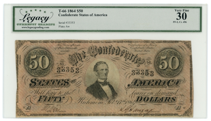 T-66 1864 Confederate States of America CSA $50 PF-2 CR-496 LCG VF30 (65388)