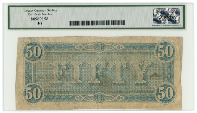 T-66 1864 Confederate States of America CSA $50 PF-2 CR-496 LCG VF30 (65388)