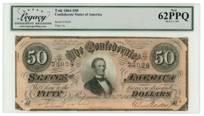 T-66 1864 Confederate States of America CSA $50 PF-8 CR-499 LCG 62 PPQ (65389)