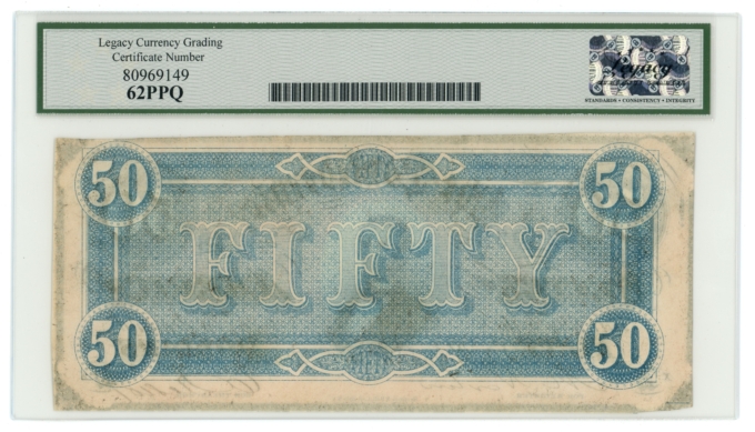 T-66 1864 Confederate States of America CSA $50 PF-8 CR-499 LCG 62 PPQ (65389)