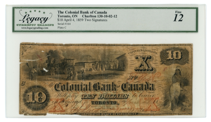 1859 Colonial Bank of Canada Toronto ON $10 Charlton 130-10-02-12 LCG F12 65398
