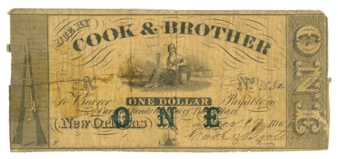 1862 Cook & Brother New Orleans LA $1 Obsolete Scrip - CSA Gunmakers (65410)