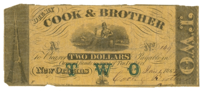 1862 Cook & Brother New Orleans LA $2 Obsolete Scrip - CSA Gunmakers (65409)
