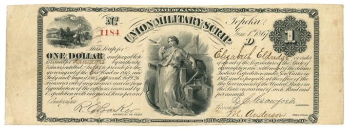 1867 Union Military Scrip Topeka Kansas KS $1 Obsolete Whitfield 421 (65412OZ)