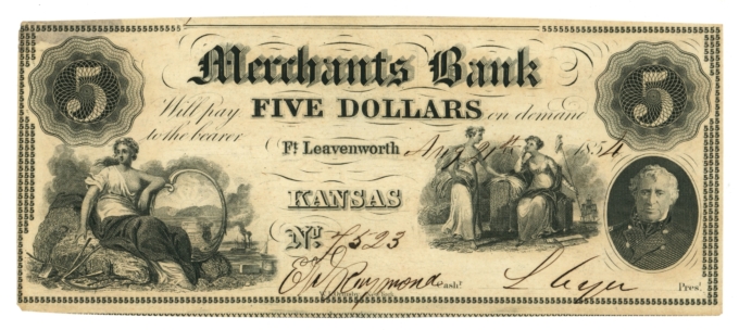 1854 Merchants Bank Fort Leavenworth Kansas KS $5 Obsolete Whitfield 132 (65411)