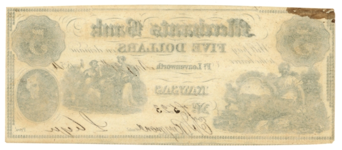 1854 Merchants Bank Fort Leavenworth Kansas KS $5 Obsolete Whitfield 132 (65411)