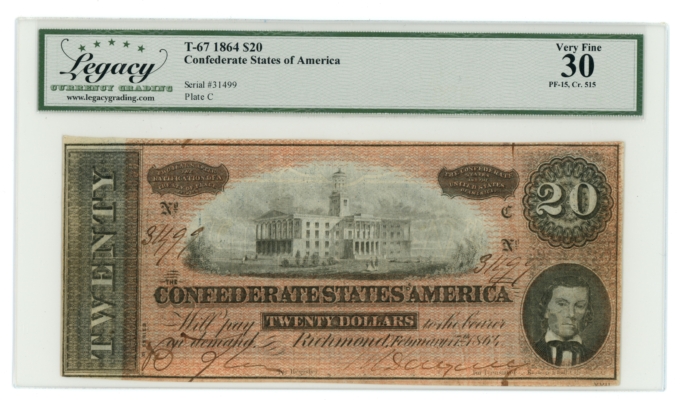 T-67 1864 CSA $20 PF-15 CR-515 LCG VF30 NICE COLOR (65416)