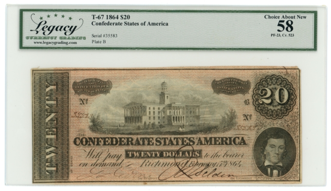 T-67 1864 Confederate States of America CSA $20 PF-23 CR-523 LCG AU58 (65418)