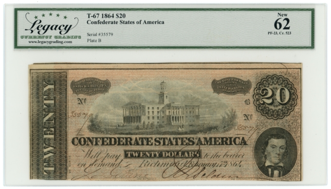 T-67 1864 Confederate States of America CSA $20 PF-23 CR-523 LCG UNC 62 (65419)