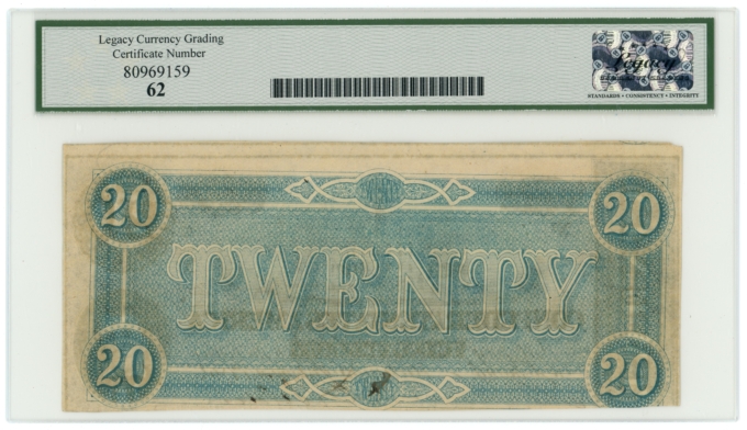 T-67 1864 Confederate States of America CSA $20 PF-23 CR-523 LCG UNC 62 (65419)