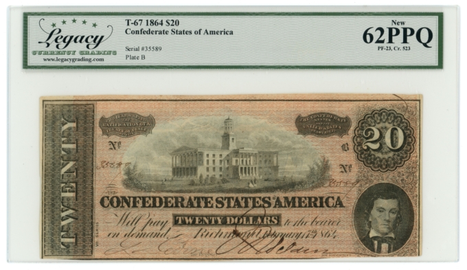 T-67 1864 Confederate States of America CSA $20 PF-23 CR-523 LCG UNC 62PPQ 65420