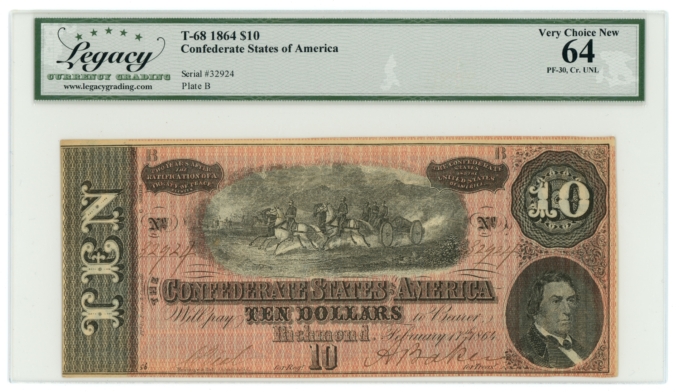 T-68 1864 Confederate States of America CSA $10 PF-30 CR-UNL LCG UNC 64 (65423)