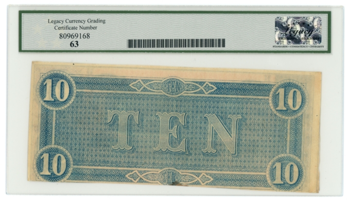 T-68 1864 Confederate States of America CSA $10 PF-20 CR-546 LCG UNC 63 (65424)