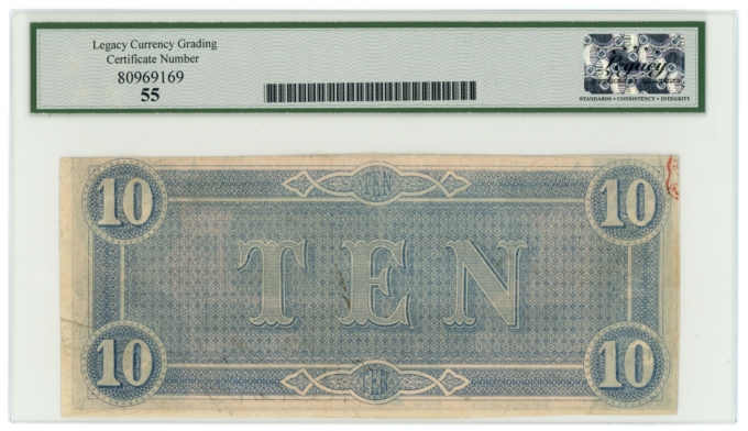 T-68 1864 Confederate States of America CSA $10 PF-31 CR-549 LCG AU55 (65428)