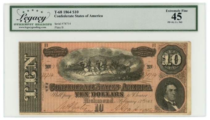 T-68 1864 Confederate States of America CSA $10 PF-10 CR-543 LCG XF45 (65430)