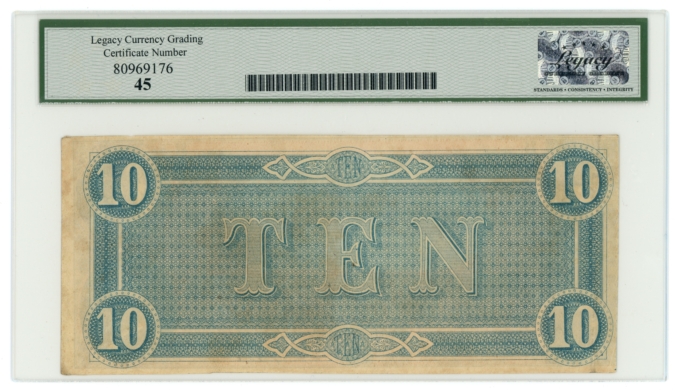 T-68 1864 Confederate States of America CSA $10 PF-10 CR-543 LCG XF45 (65430)